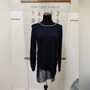 Laurel Navy Asymmetrical Hem Sweater with Sheer Silk Panel – 12